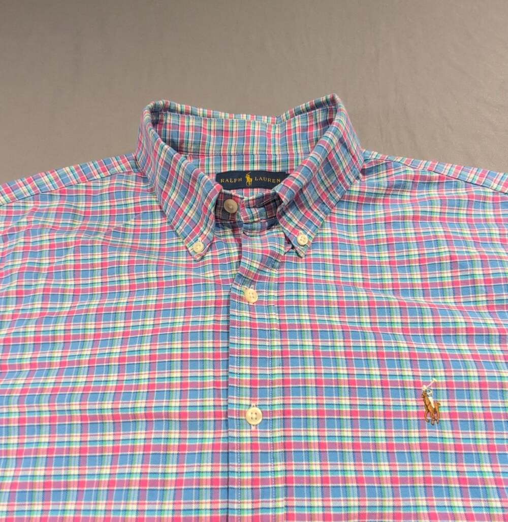 Ralph Lauren Button Up Shirt Size XL Blue Pink Plaid Long Sleeve Oxford